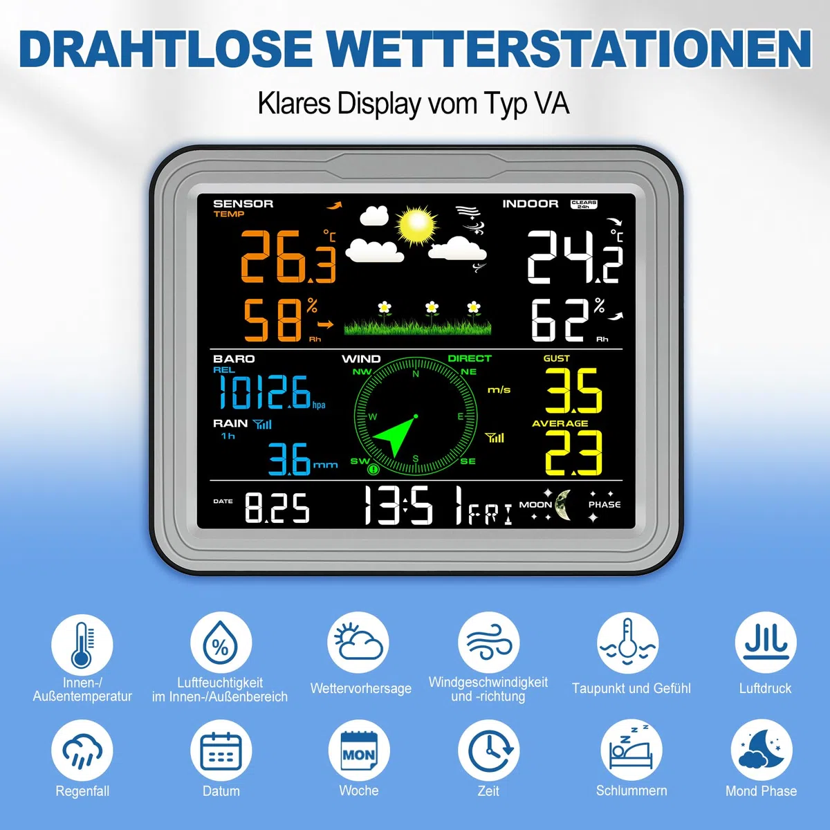 Urageuxy Stazione Meteo Wireless 7 in 1 Monitor Indoor con Sensore Esterno, Piviometro, Velocità del Vento, Termometro/Igrometro, Pressione Atmosferica e Previsioni Meteorologiche (Grigio)