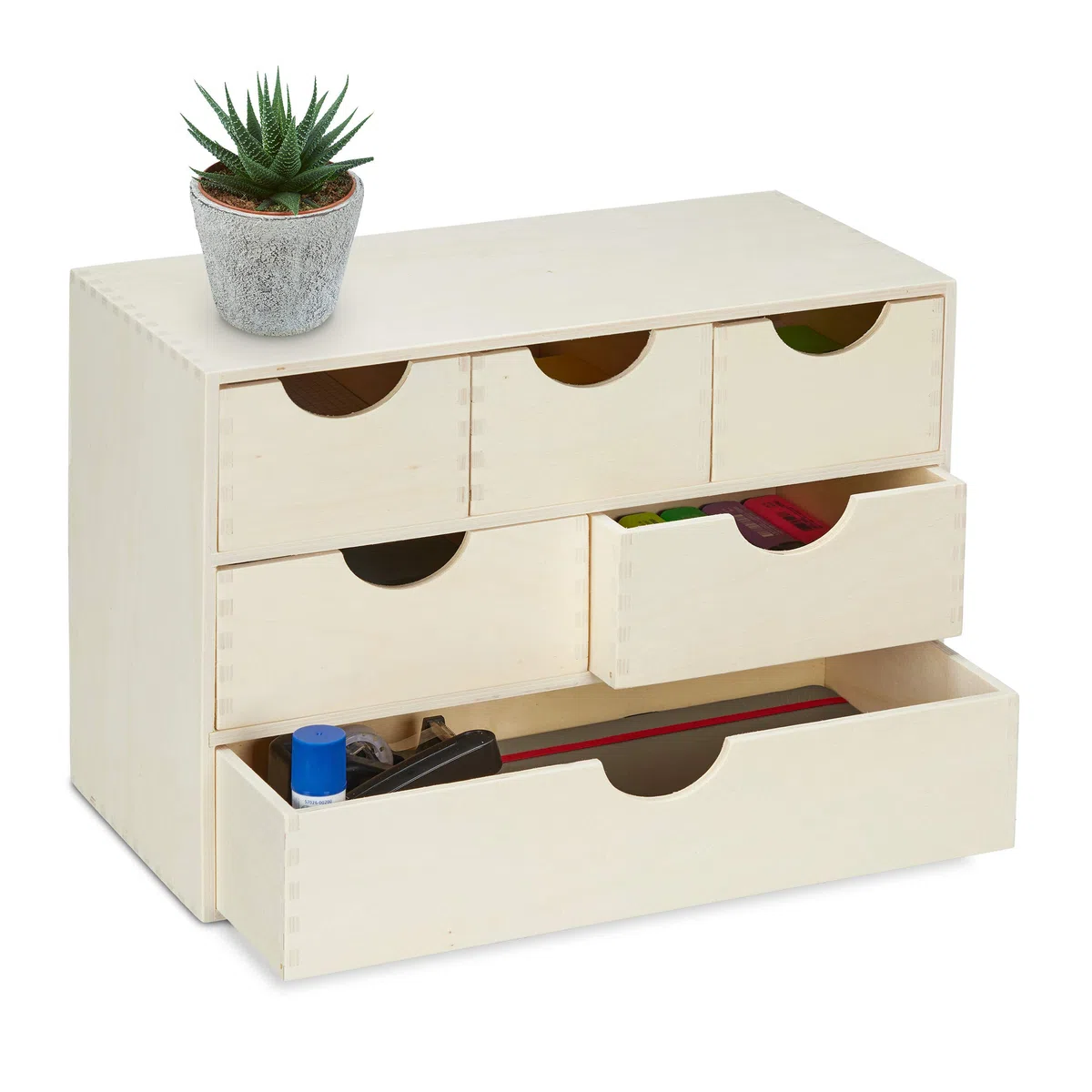 Relaxdays Portaoggetti da Scrivania con Cassetti, 28 x 40 x 20 cm, Mini Cassettiera in Legno con 6 Scomparti, Naturale