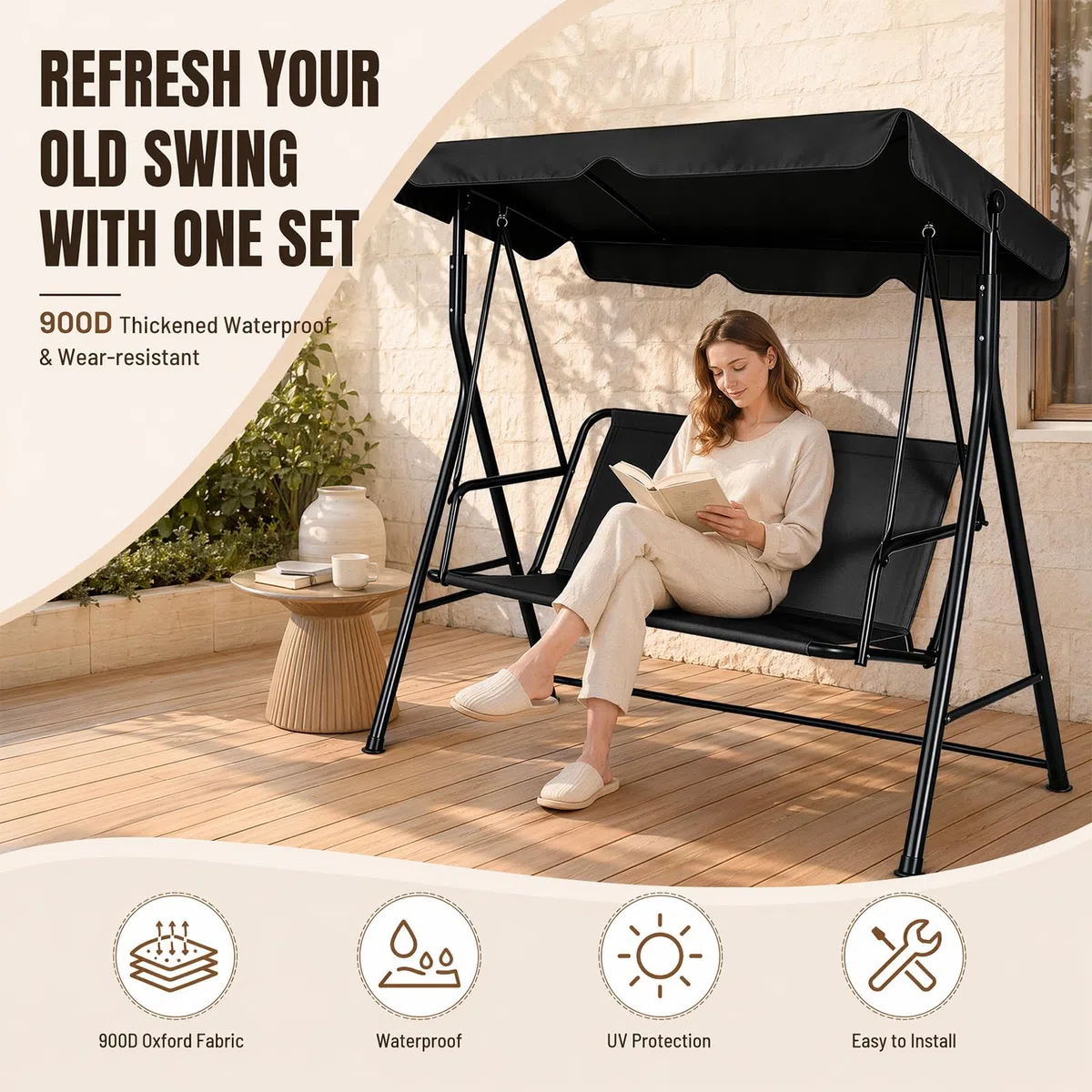 Fodera di ricambio per seduta di dondolo Hollywood, coprisedile per altalena da giardino, tessuto Oxford 900D impermeabile e antistrappo, fodera per dondolo da 2 e 3 posti 115 x 48 x 48 cm