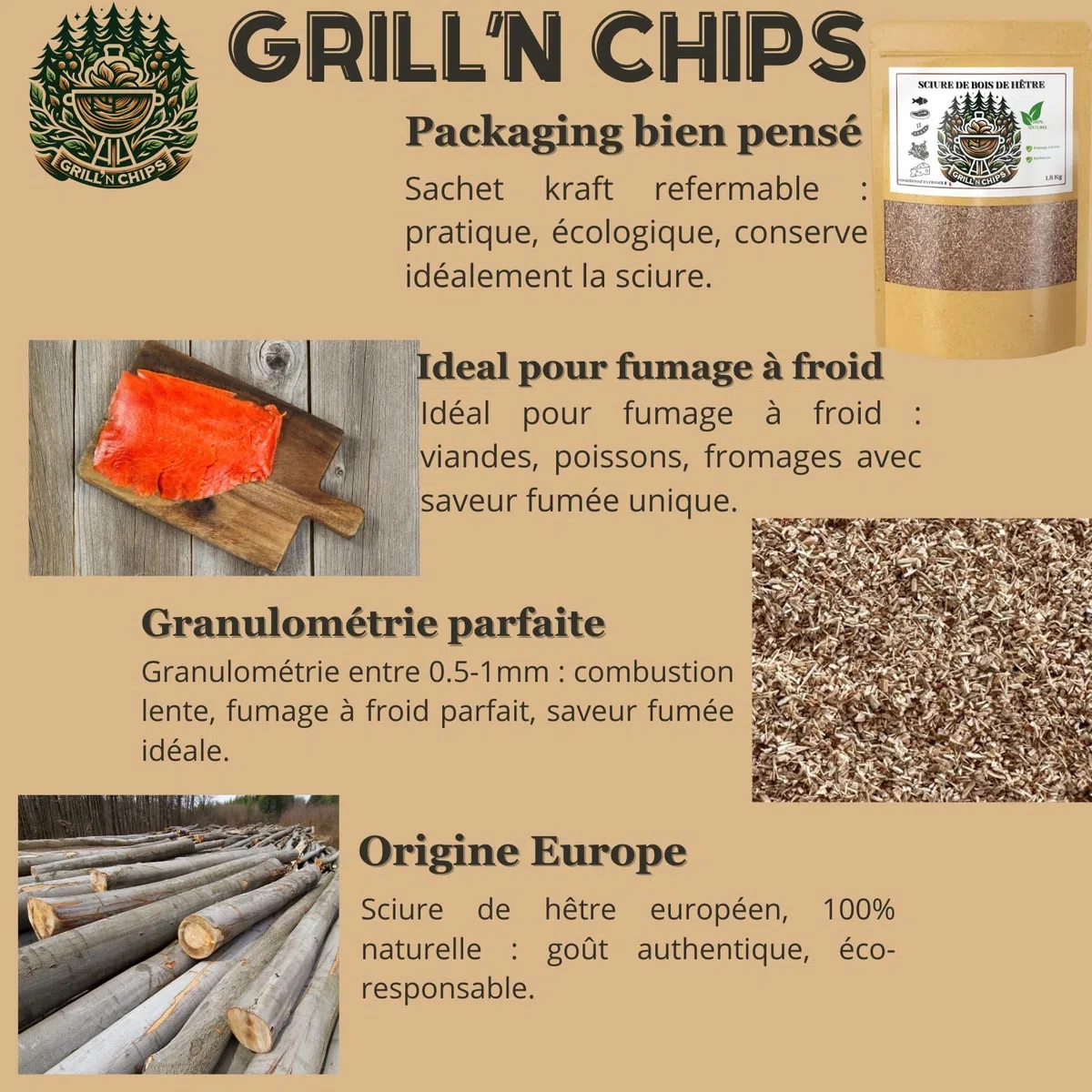 Grill'n Chips Segatura di Faggio 1,5Kg per Affumicatoio di Carne e Pesce - Adatta al serpentino per affumicatura a freddo - Confezionato in Francia - Guida Digitale PDF da Scaricare (Offerta)