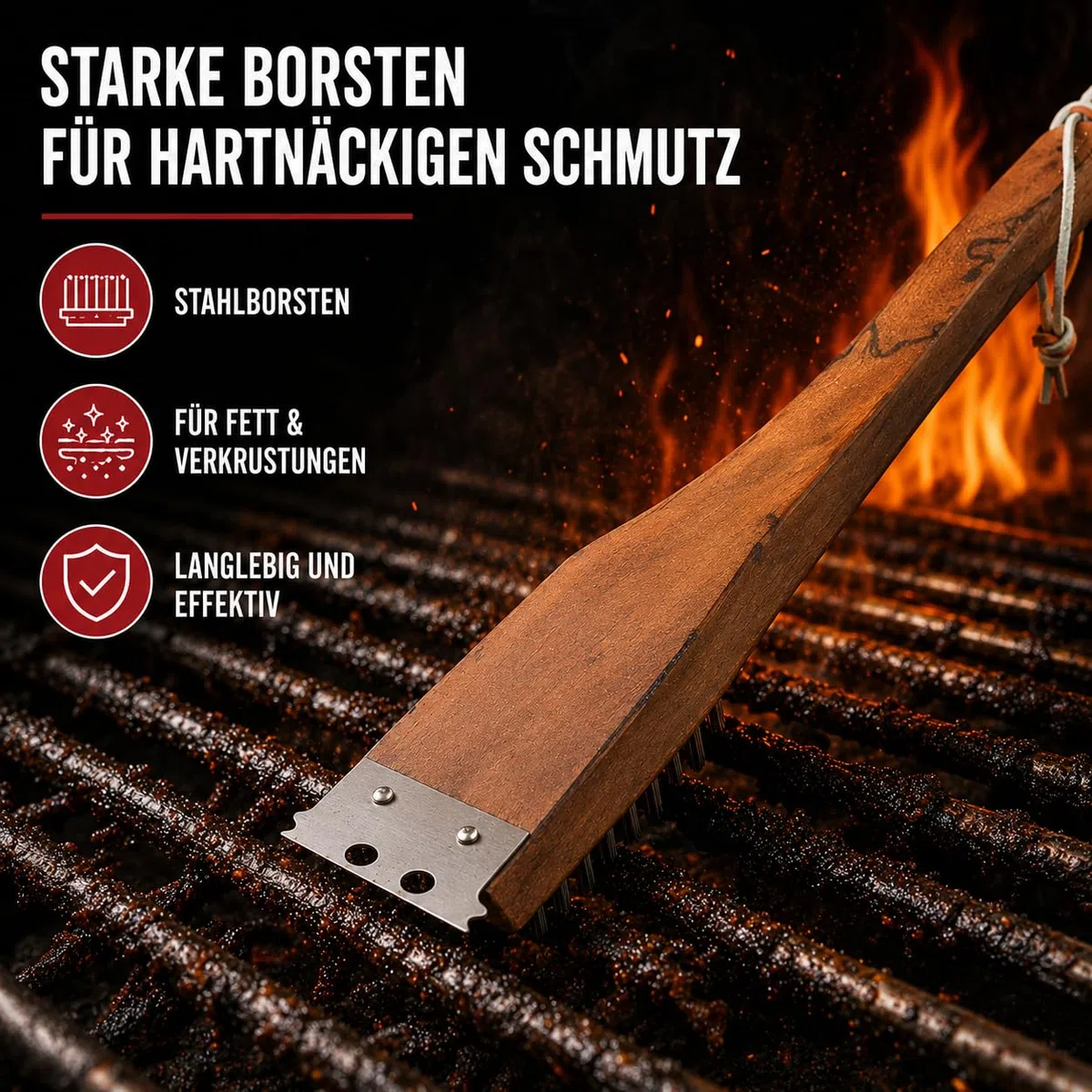 Kyto Spazzola per la pulizia del barbecue, manico in legno, 31 cm, accessorio per barbecue, spazzola in acciaio