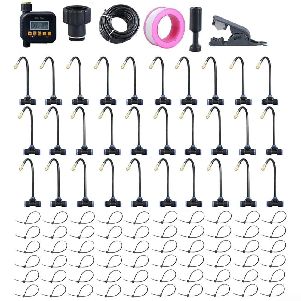 Sistema di irrigazione automatico delle piante con timer per giardino, kit di irrigazione regolabile con ugello spray incluso tubo PE e connettori rapidi per aiuole, set di 5 metri di lunghezza (10 m)
