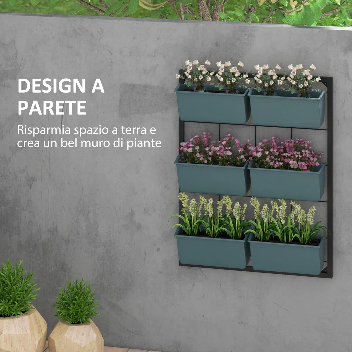 Outsunny Porta Piante da Esterno Verticale a 3 Livelli, 6 Vasi per Piante da Esterno in Plastica con Fori di Drenaggio, Portavasi da Appendere per Fiori ed Erbe Aromatiche, 52x14x66 cm, Verde Scuro