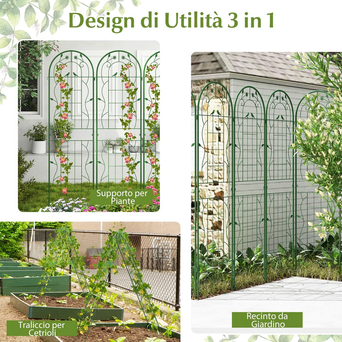 COSTWAY Traliccio da Giardino in Metallo 180 x 50 CM, 4 Pannello di Recinzione Antiruggine per Piante Rampicanti, Rose e Verdure, Decorazione Esterna per Giardino, Cortile, Patio (Verde)