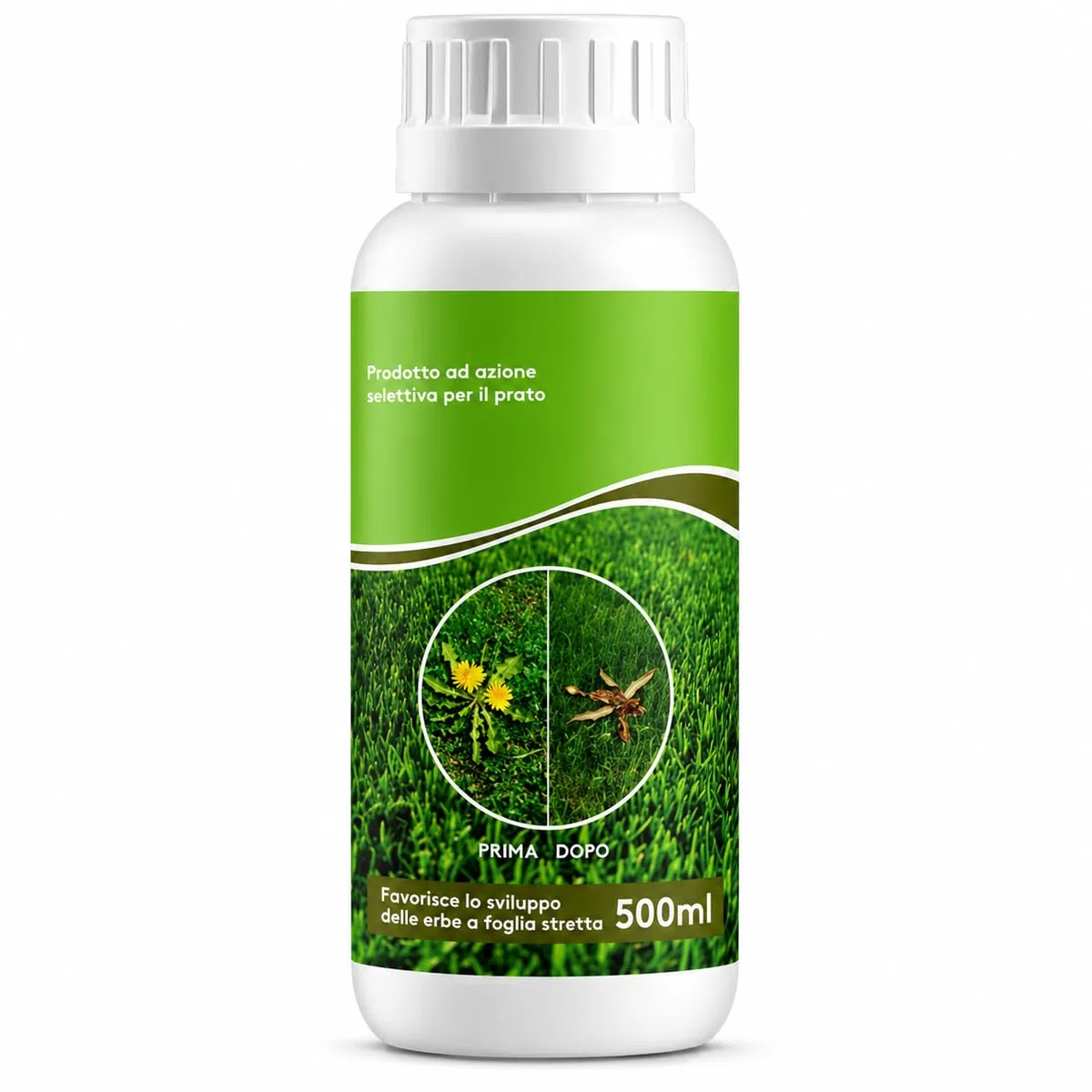 Diserbante Naturale Selettivo e Rinverdente Prato 500ml - Erbicida Foglia Larga per Tappeto Erboso - Ferro Chelato HEDTA Azione Rapida - Concime Liquido contro Infestanti e Muschio