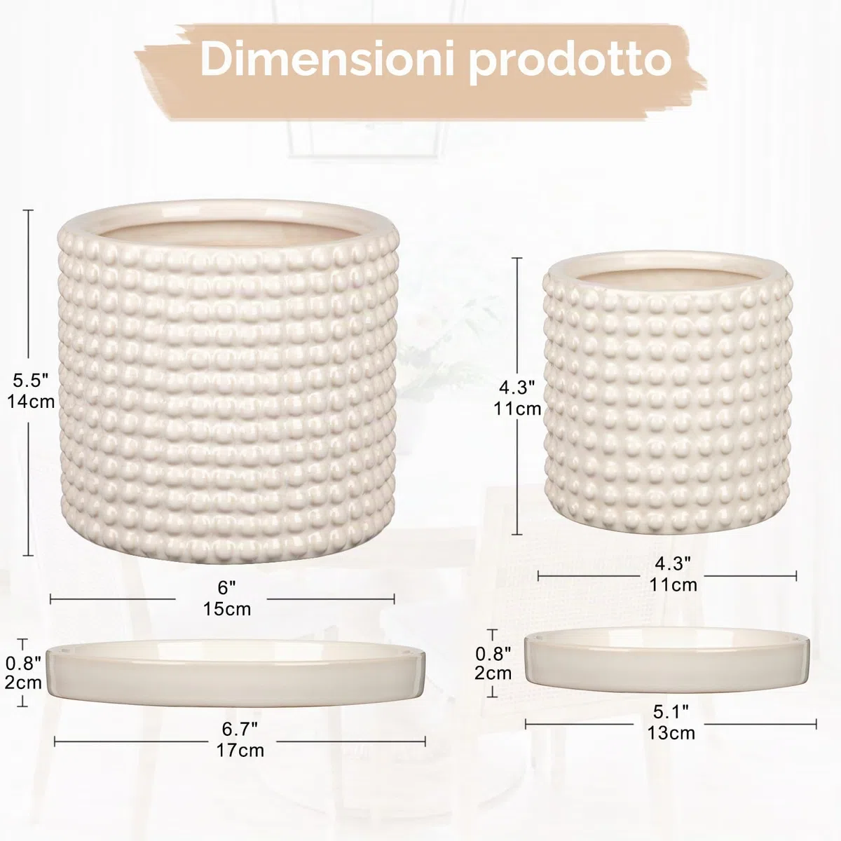 Oairse Vaso per piante in ceramica, 15 cm + 11 cm, con fori di drenaggio, vasi da fiori bianchi, design con perline, vasi decorativi per interni, per cactus, serpente, pianta d'appartamento