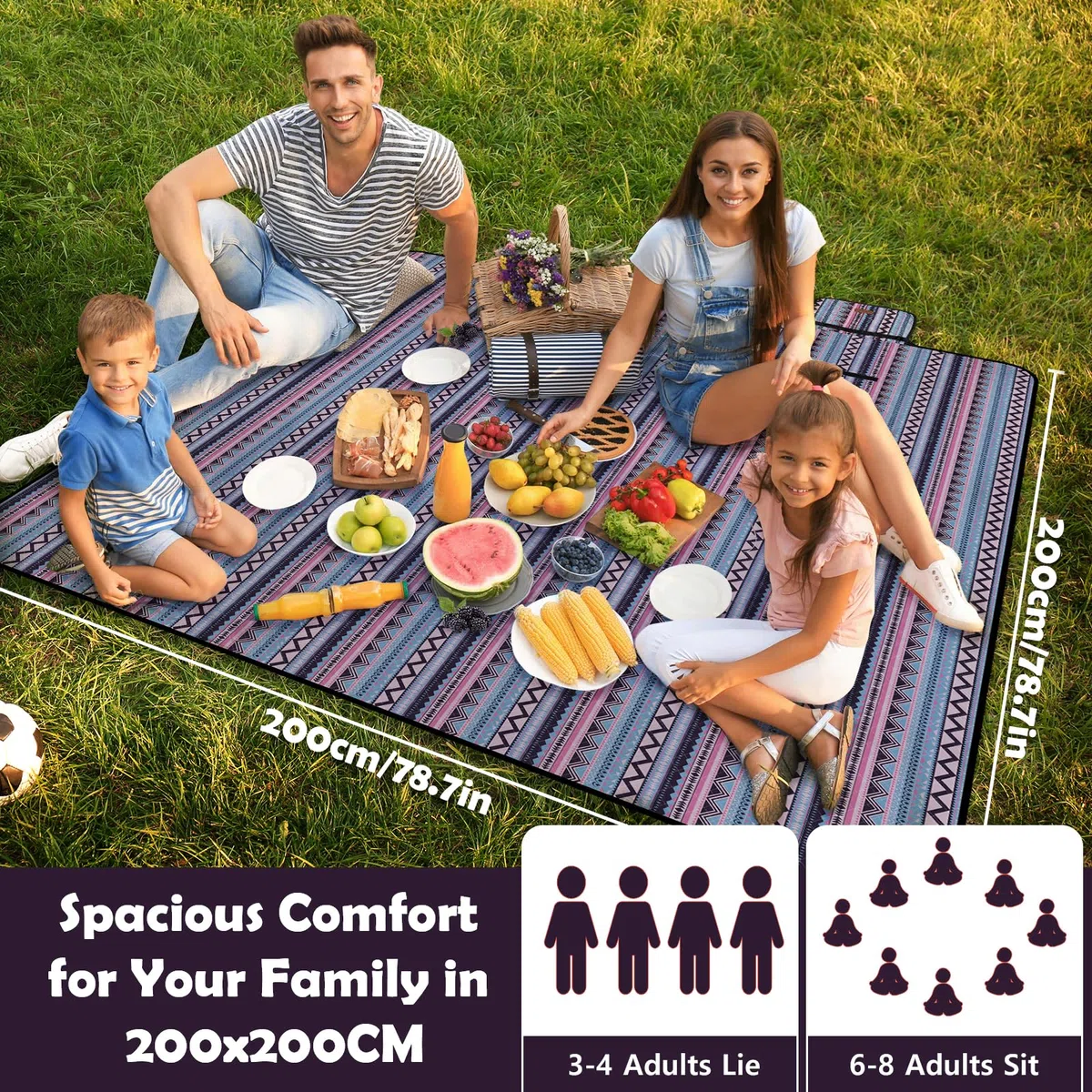 Coperta da picnic impermeabile, extra grande, 200 x 200 cm, resistente alla sabbia, lavabile, campeggio, spiaggia, accessorio da campeggio per attività all'aperto, Boemia