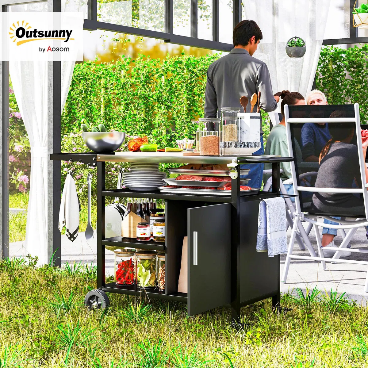 Outsunny Carrello per barbecue con vassoio in acciaio inox, ripiano pieghevole, ganci e custodia in dotazione, carrello esterno con ruote, 127 x 51 x 84 cm, colore: nero