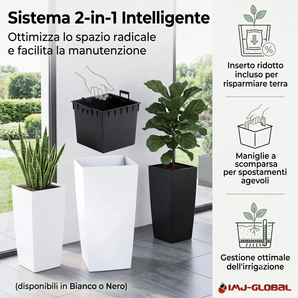 IMJ-Global - 2 Vasi per Piante da Esterno in Plastica Resistente Alle Intemperie, Vasi per Piante da Interno 26,5x26,5x50 cm (26,6L) con Inserto da 11 Litri, Arredamento Casa e Giardini (Nero)