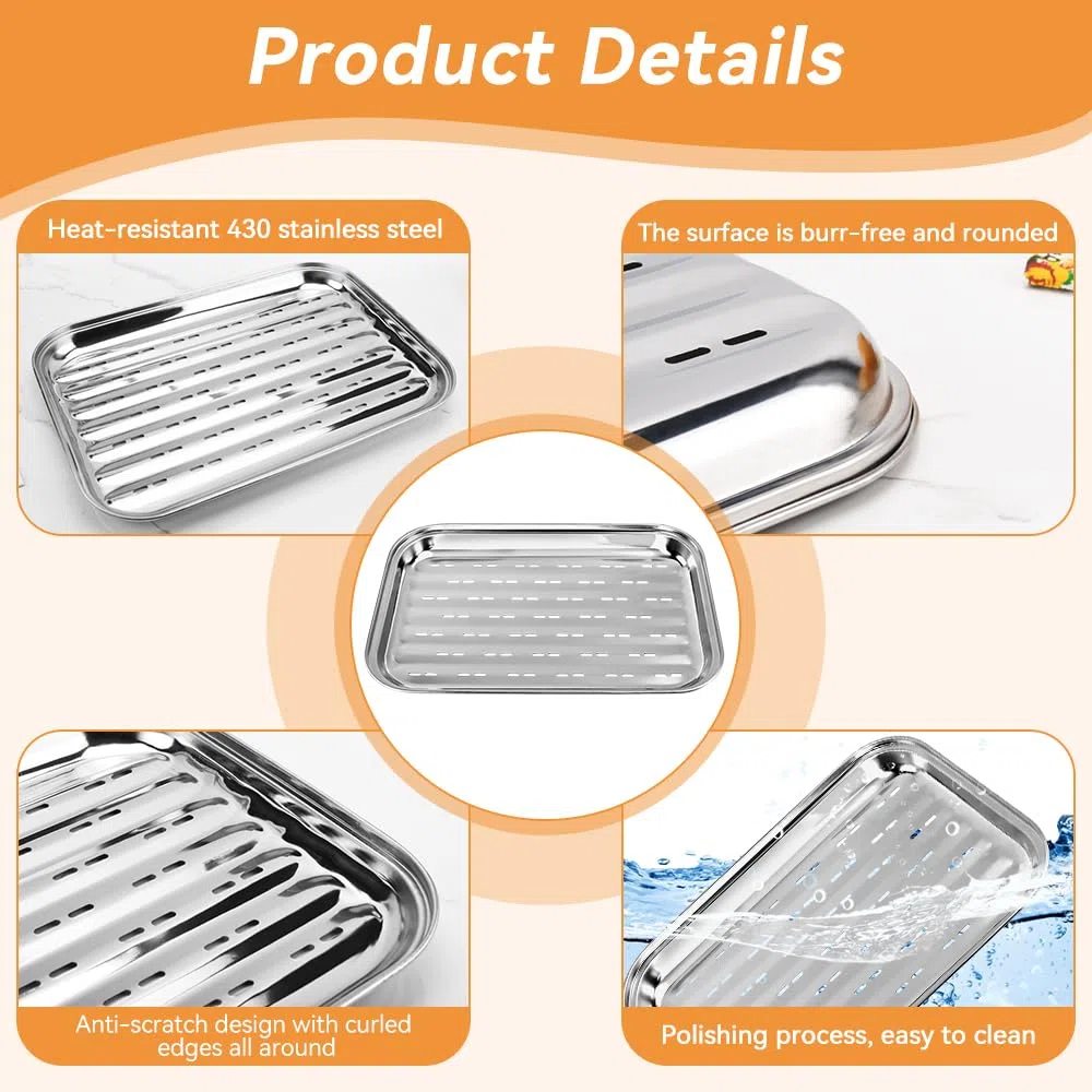2 vassoi per barbecue in acciaio inox con fori, vassoio per barbecue con pinza, vassoi da forno per grigliare verdure, carne e pesce