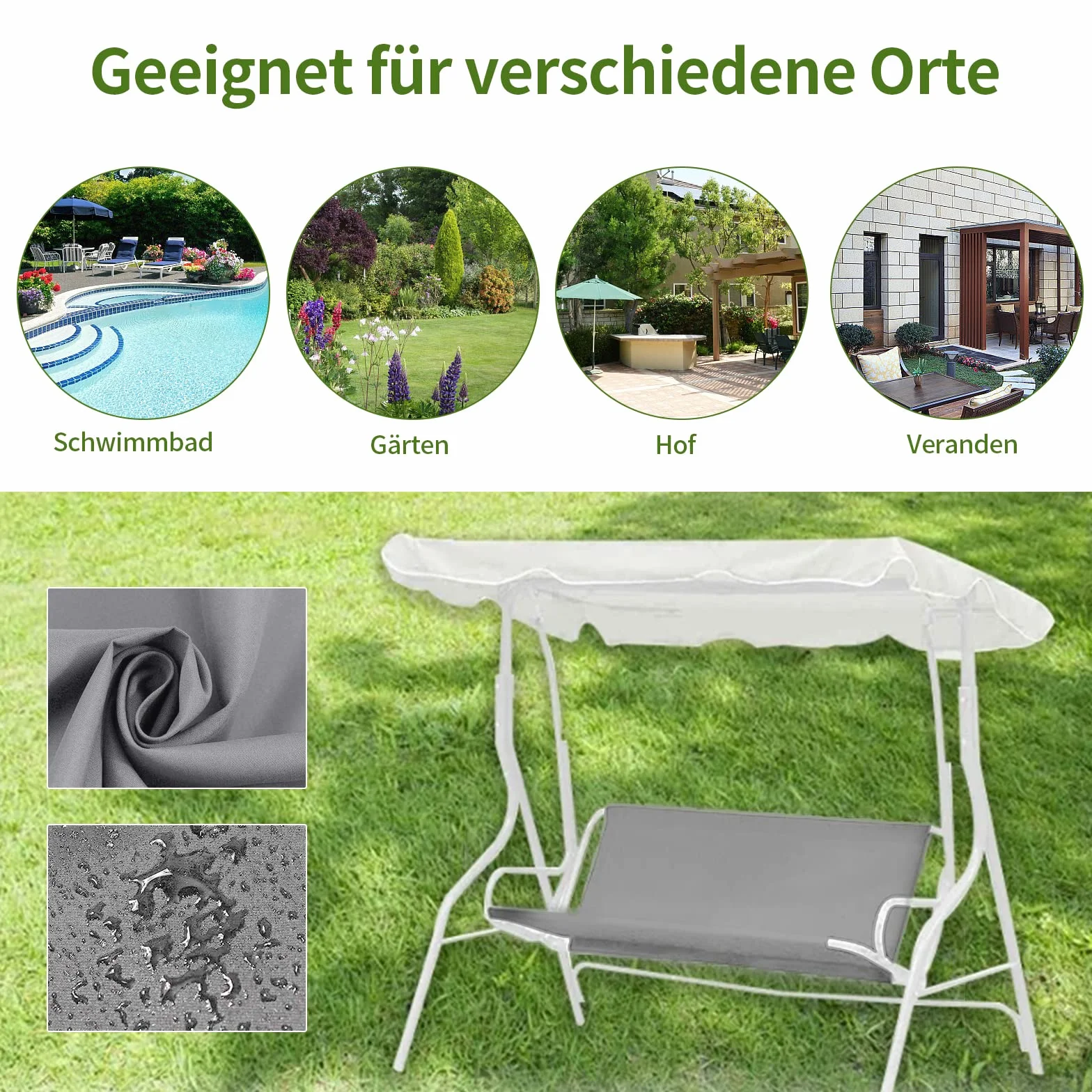 Copertura di ricambio per dondolo da giardino, in tessuto Oxford 900D, per esterni a 2 e 3 posti (grigio: 113 x 48 x 48 cm)
