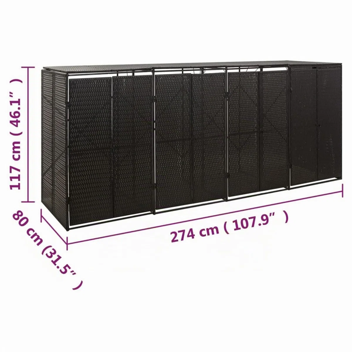 Azzrora Copri Bidoni Spazzatura Esterno, Copribidoni Spazzatura Esterno, Copri Bidone Spazzatura da Esterno, Copribidone Quadruplo Nero 274x80x117 cm in Polyrattan