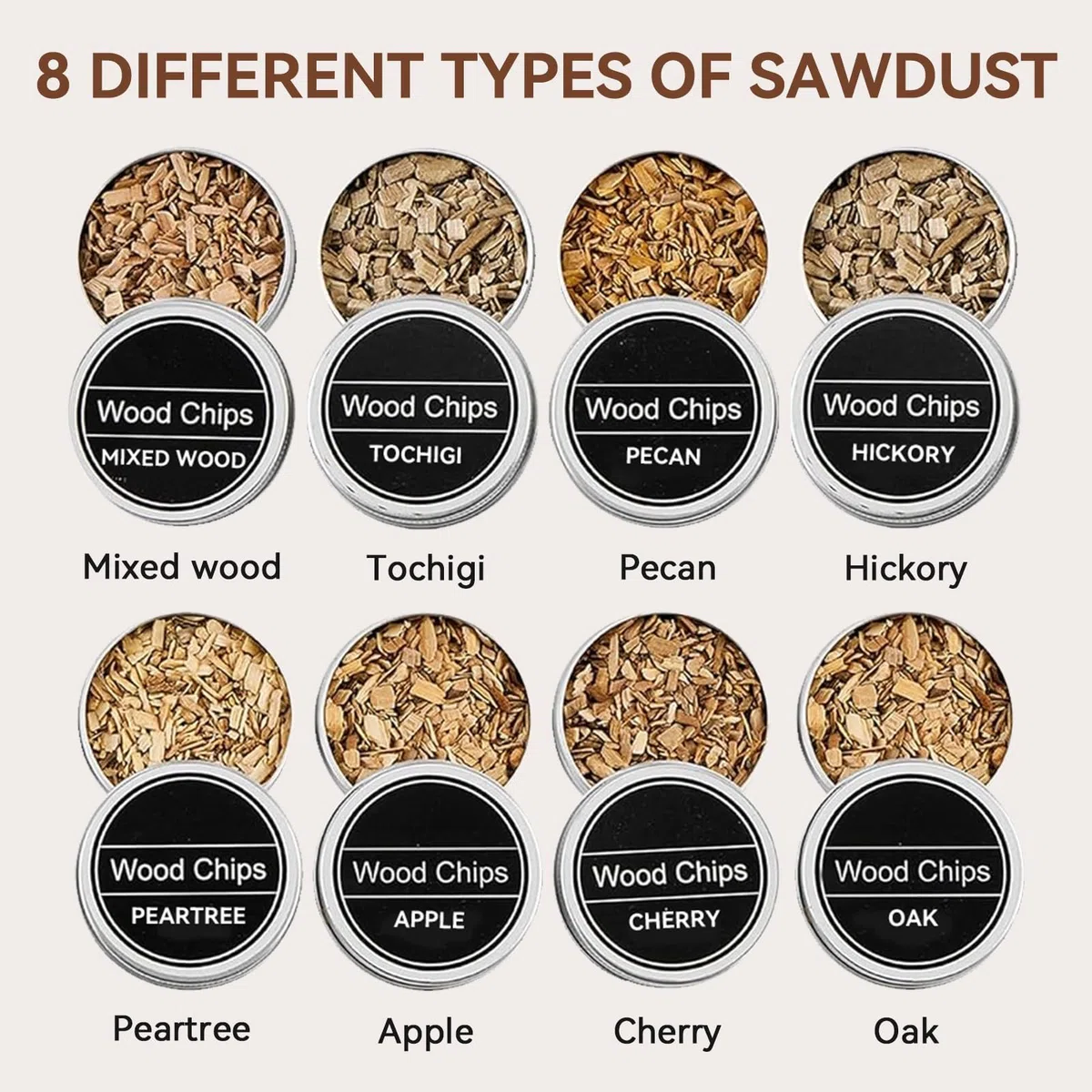 Trucioli per affumicatura in Legno di Whisky, Kit per affumicatore da Cocktail da 8 Pezzi Che Include Legno di melo Noci Pecan Quercia Ciliegia Pesca Pera Noci Pecan e