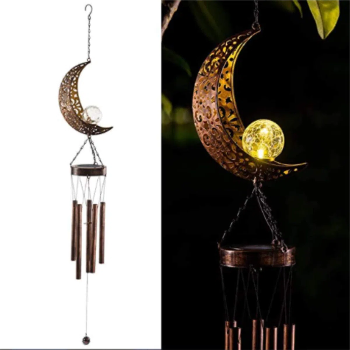 lifemet Campanelli a vento con luci solari a LED, luci notturne a forma di luna, per esterni, giardino, impermeabile, in metallo, per patio, terrazza, prato, cortile