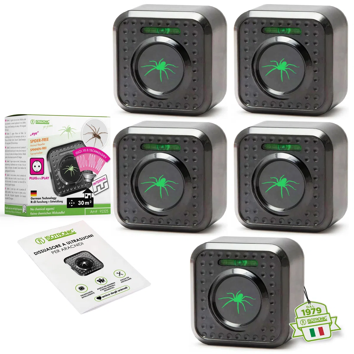 ISOTRONIC – Dispositivo repellente per ragni a ultrasuoni da collegare alla presa elettrica per scantinati e interni – Repellente per ragni con un raggio d'azione effettivo di 30 m² (5 pezzi)