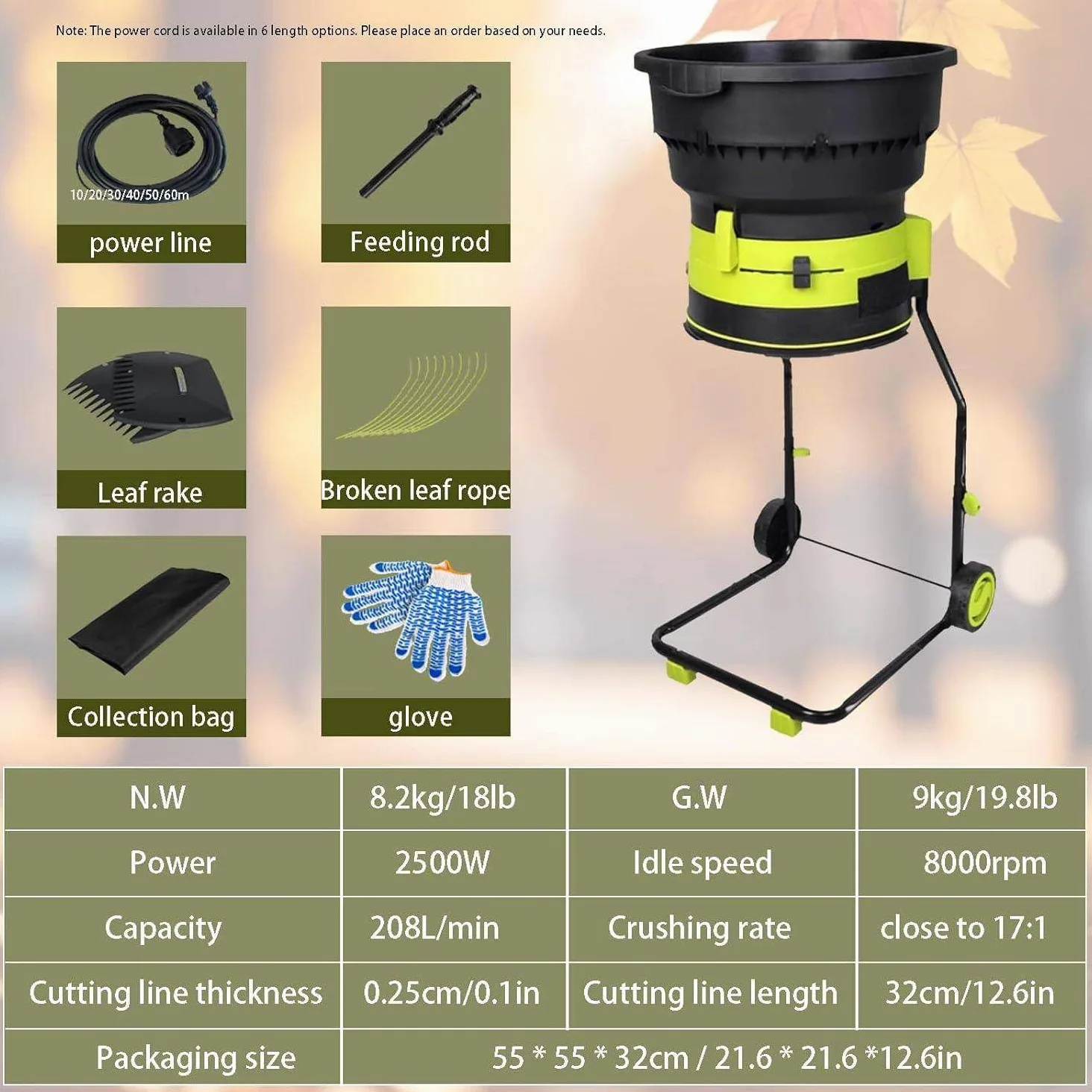 Trituratore elettrico per foglie con ruote e borsa per la pulizia del cortile