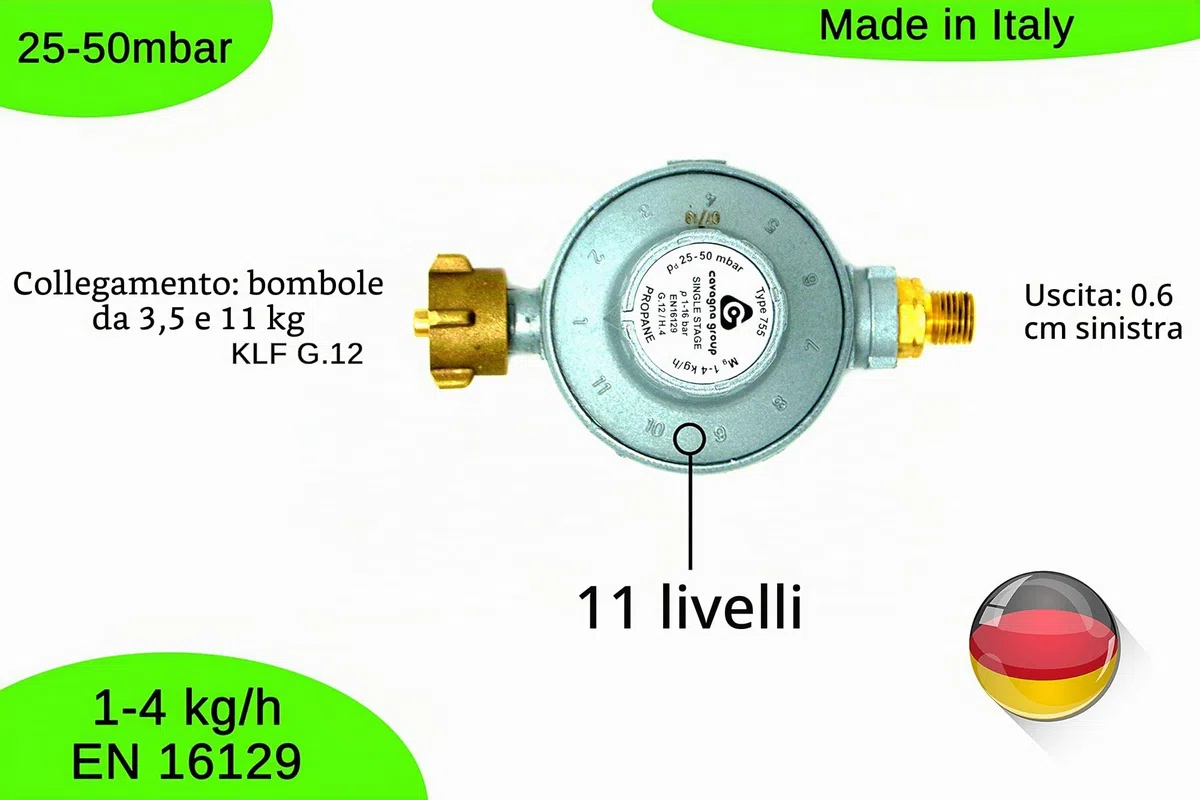 CAVAGNA Regolatore di Bassa Pressione 25-50mbar Regolatore di Pressione del Gas Regolabile in 11 stadi per griglia a Gas, Stufa radiante, Stufa radiante terrazza, fornello
