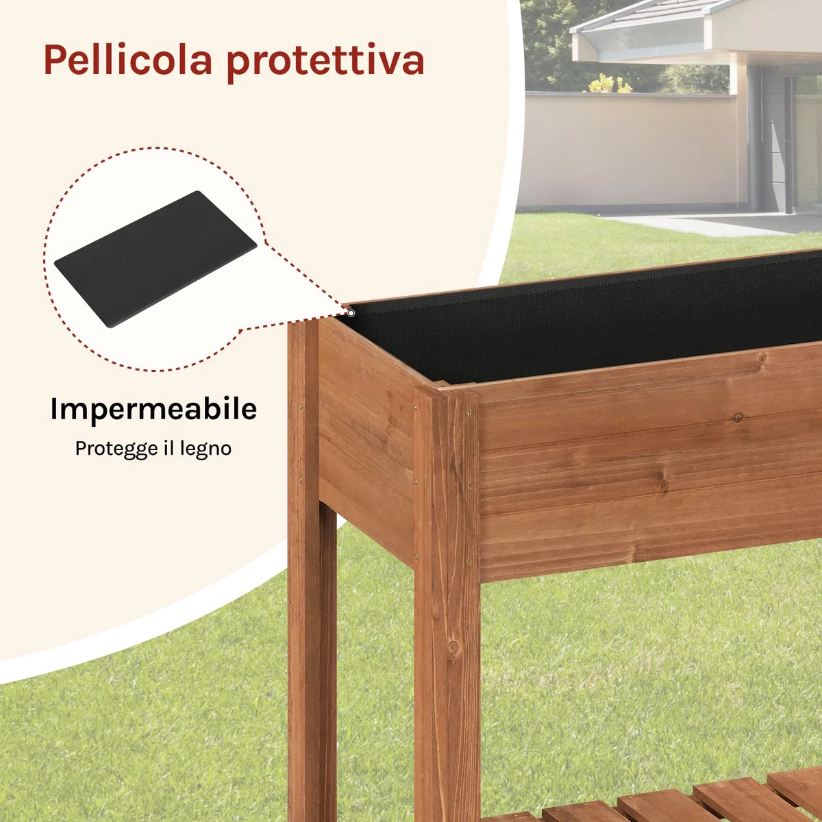 WOLTU Aiuola Rialzata in Legno 80x75x40 cm, con Vaso per Fiori, Ripiano e Rivestimento Idrorepellente, per Orto ed Erbe Aromatiche, adatta a Balcone, Giardino, Terrazzo ed Esterni, Marrone