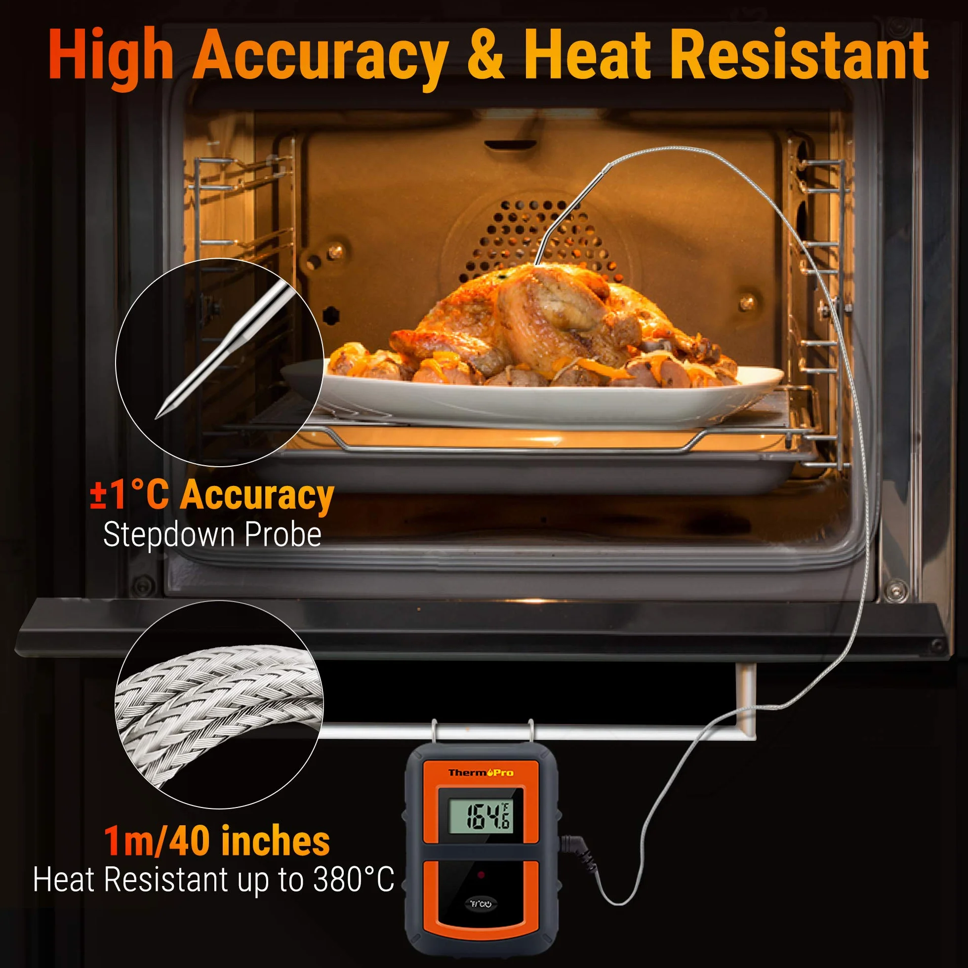 ThermoPro TP07C Termometro Cucina Wireless Remoto Termometro Barbecue Digitale per BBQ Carne Forno Olio Alimenti con Sonda, Portata 150 Metri, Schermo LCD Retroilluminato.