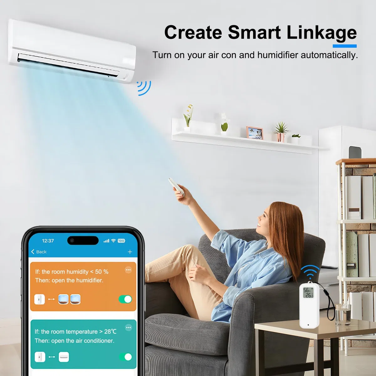 Termometro Igrometro Intelligente Digitale, Sensore di Temperatura e Umidità WiFi con Fodera Magnetica Autoadesiva, Sensore di Temperatura di Calibrazione con Notifiche dell'App.Compatibile Alexa.2PCS