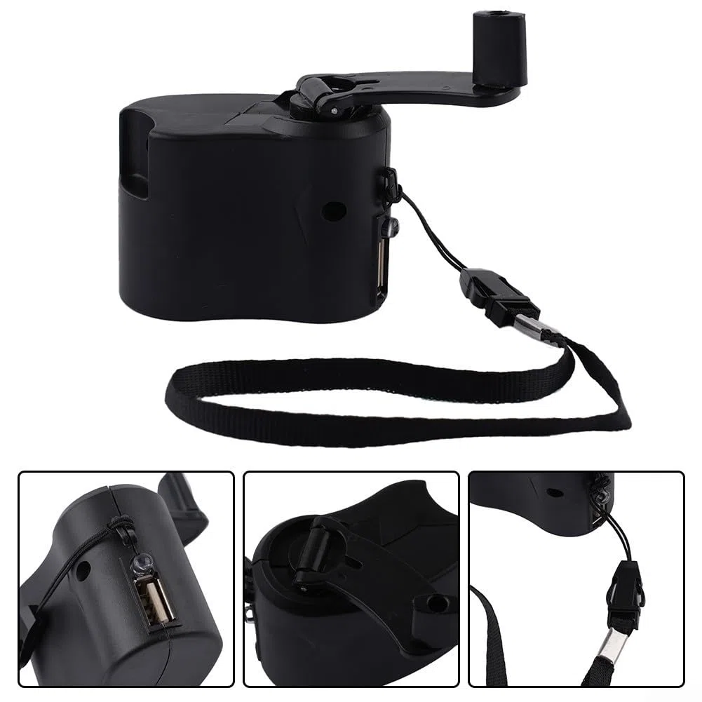 Generatore di carica a manovella USB, a dinamo manuale, per viaggi, ufficio, attività all'aperto, portatile, leggero, con indicatore luminoso (nero)