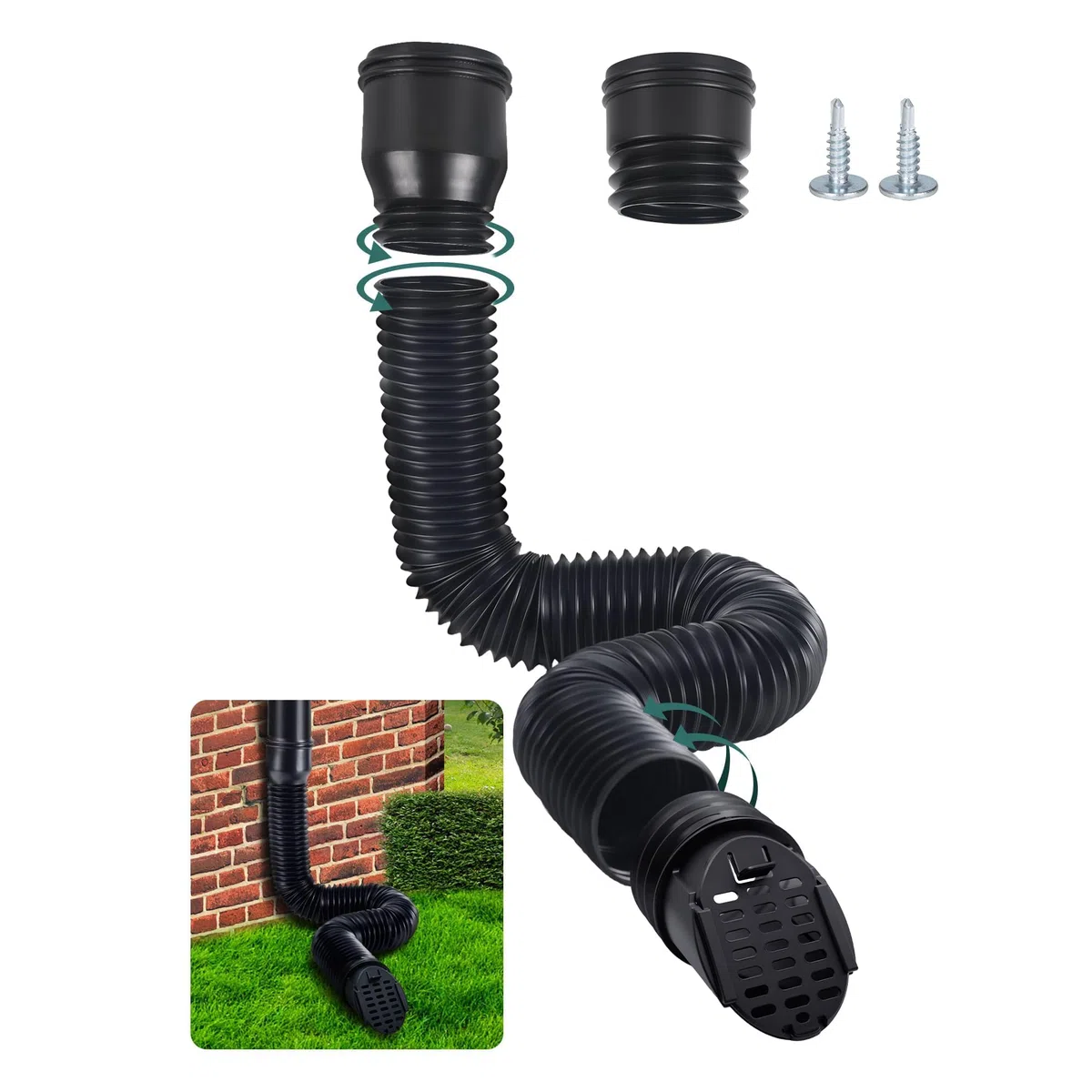 Prolunga Flessibile per Grondaia, 80/100 mm Prolunga Rotonda per Tubo di Scarico con Griglia di Drenaggio, Estensione da 47 a 150 cm, Accessori per Tubo Pluviale (Nero, 1 Pezzo)