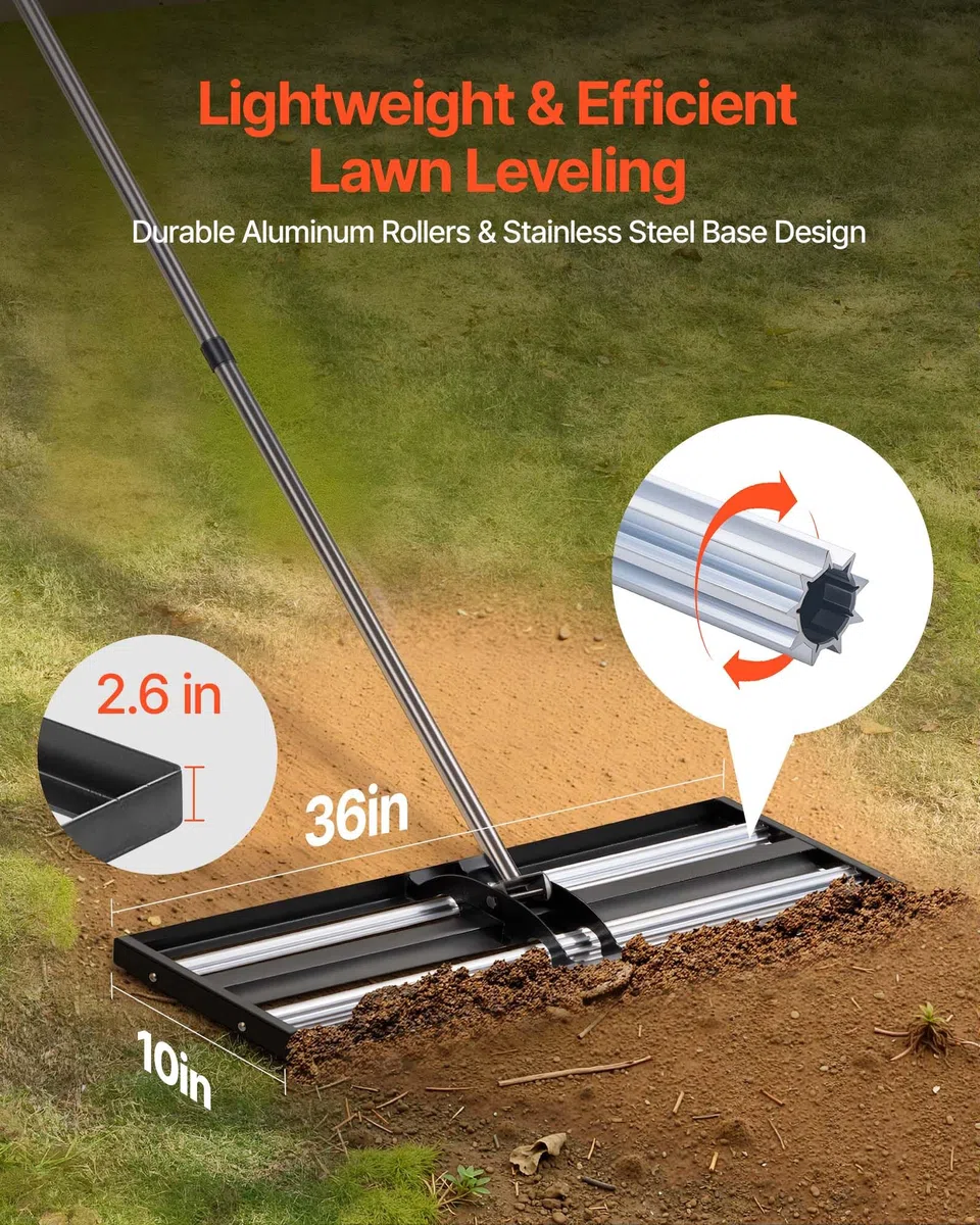VEVOR Rastrello Livellatore per Prato con Rullo in Acciaio Inox da 254x914 mm, Strumento da Giardinaggio Livellante per Terreno con Manico Regolabile da 213 cm, per Giardino Fattoria Campo da Golf