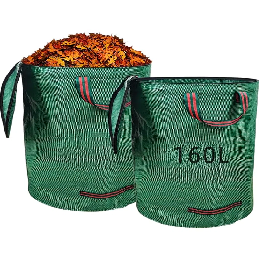 2 Sacchi Giardinaggio 160L con Coperchio a Zip, Pieghevoli con 4 Maniglie Antistrappo, Riutilizzabili e Impermeabili per Raccogliere Foglie, Erba e Rifiuti da Giardino