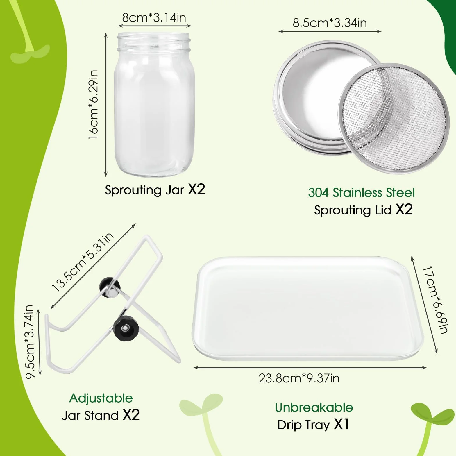 FoiiLiio Barattolo Germogliatore Set, 2 x 1000ml Germogliatore in Vetro, 2 Coperture, 2 Supporti e 1 Bianco Vassoio, Kit di Barattoli per Germogliamento di Semi per Broccoli Germ