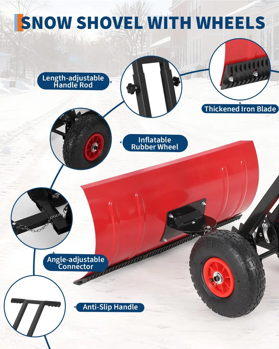 Pala da neve con ruote, lama angolata a 5 posizioni e ruote in gomma, spazzaneve in acciaio resistente per vialetti, marciapiedi e porte, doppia asta, 73,7 x 41,9 cm (larghezza x altezza), nero e