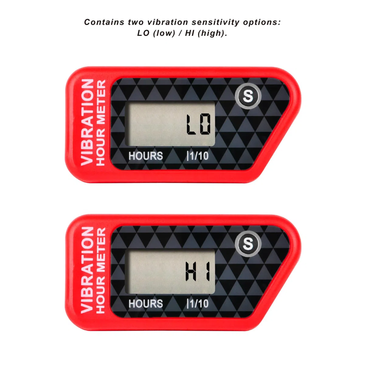 NInE-ROnG LCD Contaore a vibrazione impermeabile IP68 per motori, Rosso | Senza cablaggio, ore totali non azzerabili, timer TMR azzerabile, 3 livelli di sensibilità, blocco per trasporto, 99.999 h