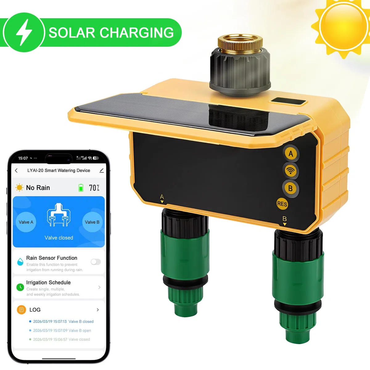 Solare Centralina Irrigazione WiFi 2 Vie, Solare Smart WiFi Water Timer, Telecomando WiFi per controllo automatico dell'irrigazione solare