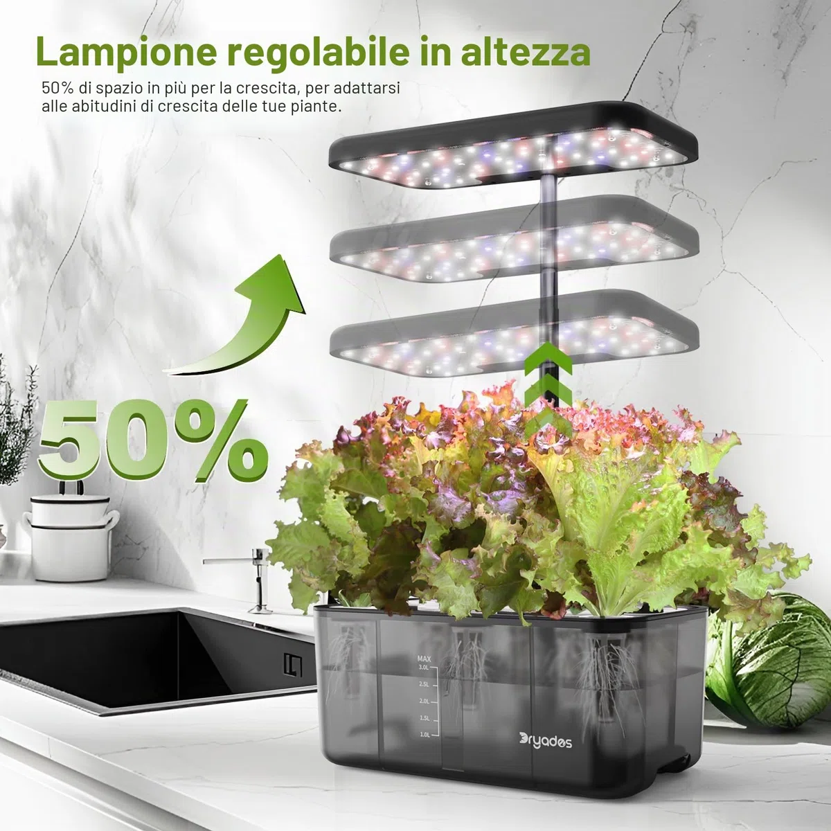 Sistema di coltivazione idroponica con luce a LED a spettro completo, 8 cialde da giardino interno con promemoria per mancanza d'acqua, strumenti per giardinaggio per casa, cucina, scuola