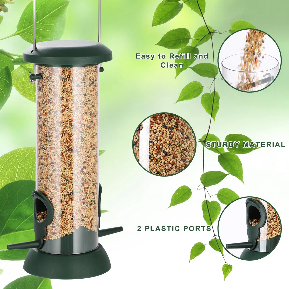 FEED GARDEN Confezione da 2 mangiatoie per uccelli da appendere all'aperto, 4 porte, in plastica rigida di alta qualità, antiruggine, coperchio e base in metallo resistente, idea regalo, 21 cm, verde