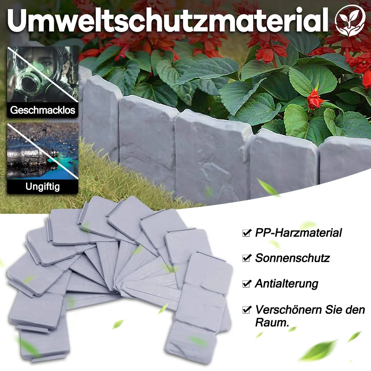 HENGMEI Bordo in Plastica Flessibile per Giardino Bordi per giardini effetto pietra 17,5m-70 Pezzi, 1 elemento (lunghezza x altezza): 25 cm x 23 cm, Grigio