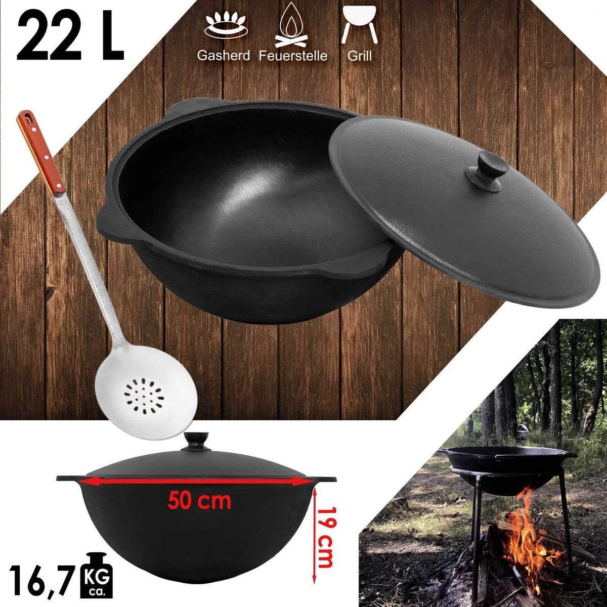 Wok Ghisa 22 L (fondo rotondo) Kazan con schiumatoio NAMANGAN Uzbek Kazan Uzbeko Asia WOK Cast Iron KESSEL Camping Uzbek Pentola con coperchio in alluminio