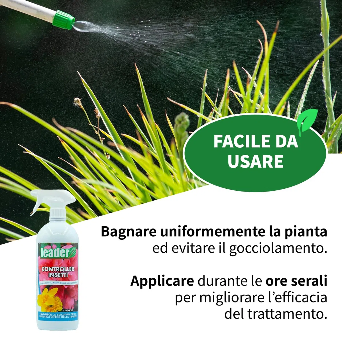 LEADER, Controller Insetti, Contiene Estratti Vegetali, Svolge un Effetto Repellente Contro gli Insetti Dannosi e Favorisce lo Sviluppo delle Difese delle Piante, Ampio Spettro d'Azione, Formato da 1L