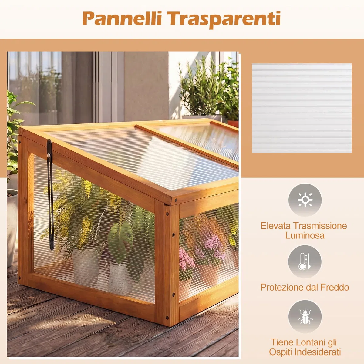 COSTWAY Serra in Legno, Mini Serra con Tetto Trasparente Apribile, Letto Rialzato da Interno ed Esterno per Balcone, Giardino e Veranda (Arancione)