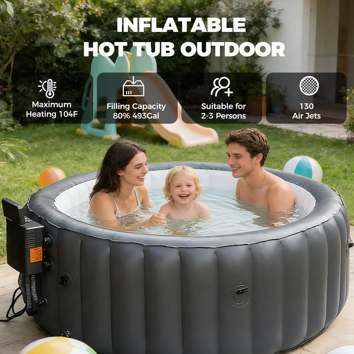 Vasca idromassaggio gonfiabile per 2-3 persone, spa con 130 getti d'aria, spa all'aperto portatile con copertura di ritenzione del calore per il relax