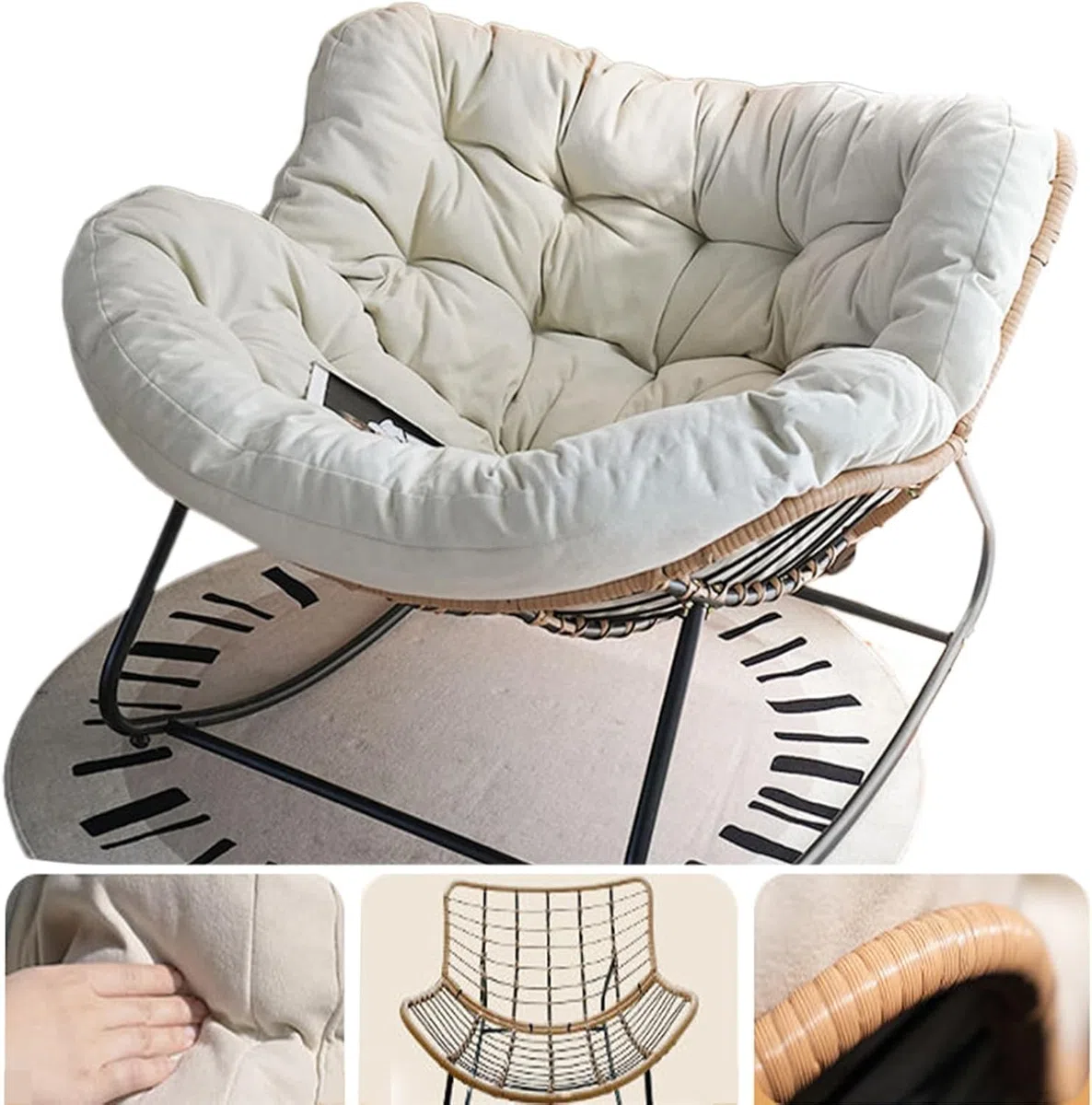 Papasan - Sedie a dondolo per adulti, 103,9 cm, oversize in rattan, struttura in metallo, supporto grande, per esterni e patio moderno (bianco)