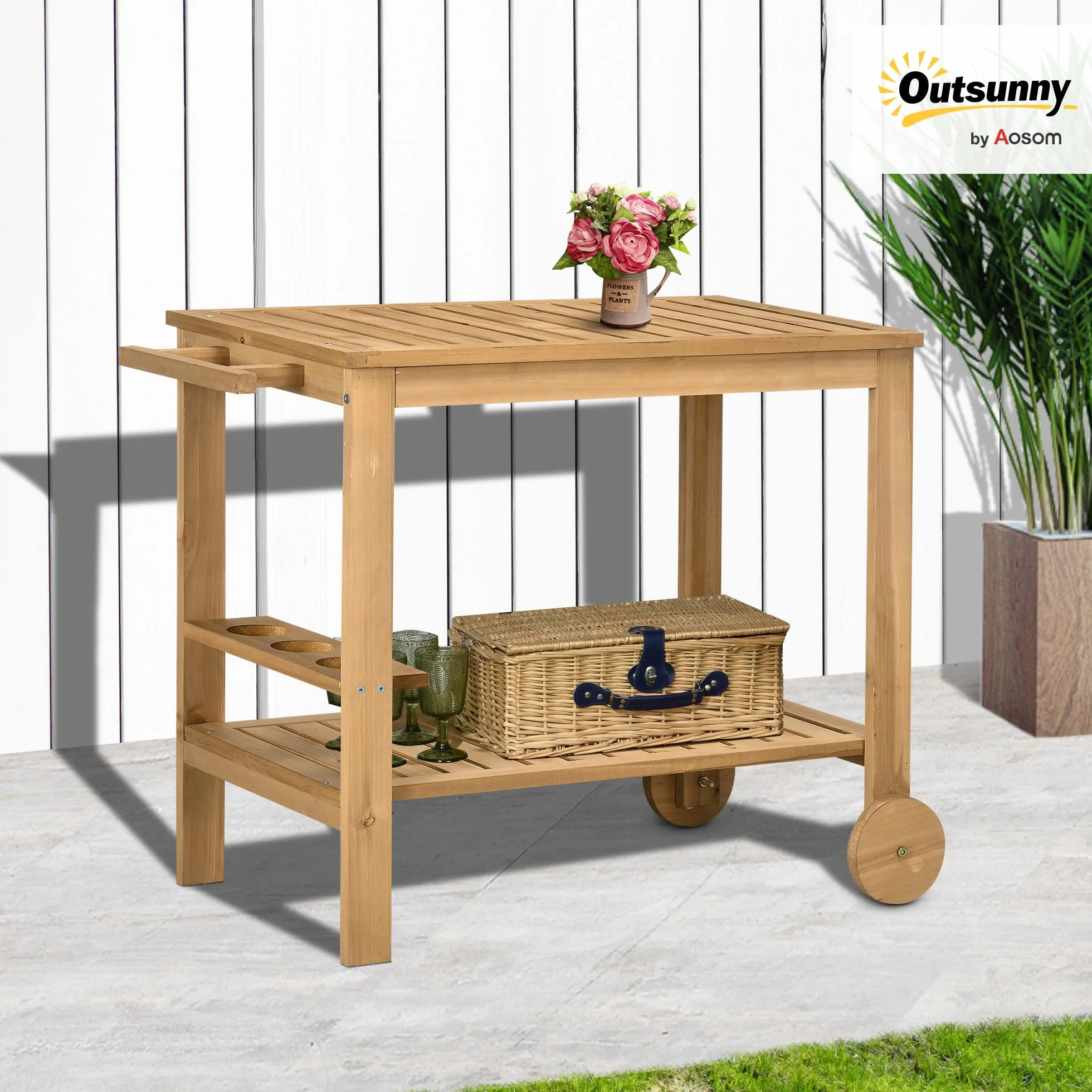 Outsunny Carrello Portavivande da Giardino, Carrellino 95x47x74 cm Legno | Legno di Abete, 2 Ripiani a Doghe, Carrello di Servizio, 3 Portabottiglie e Maniglia, per Patio Terrazza