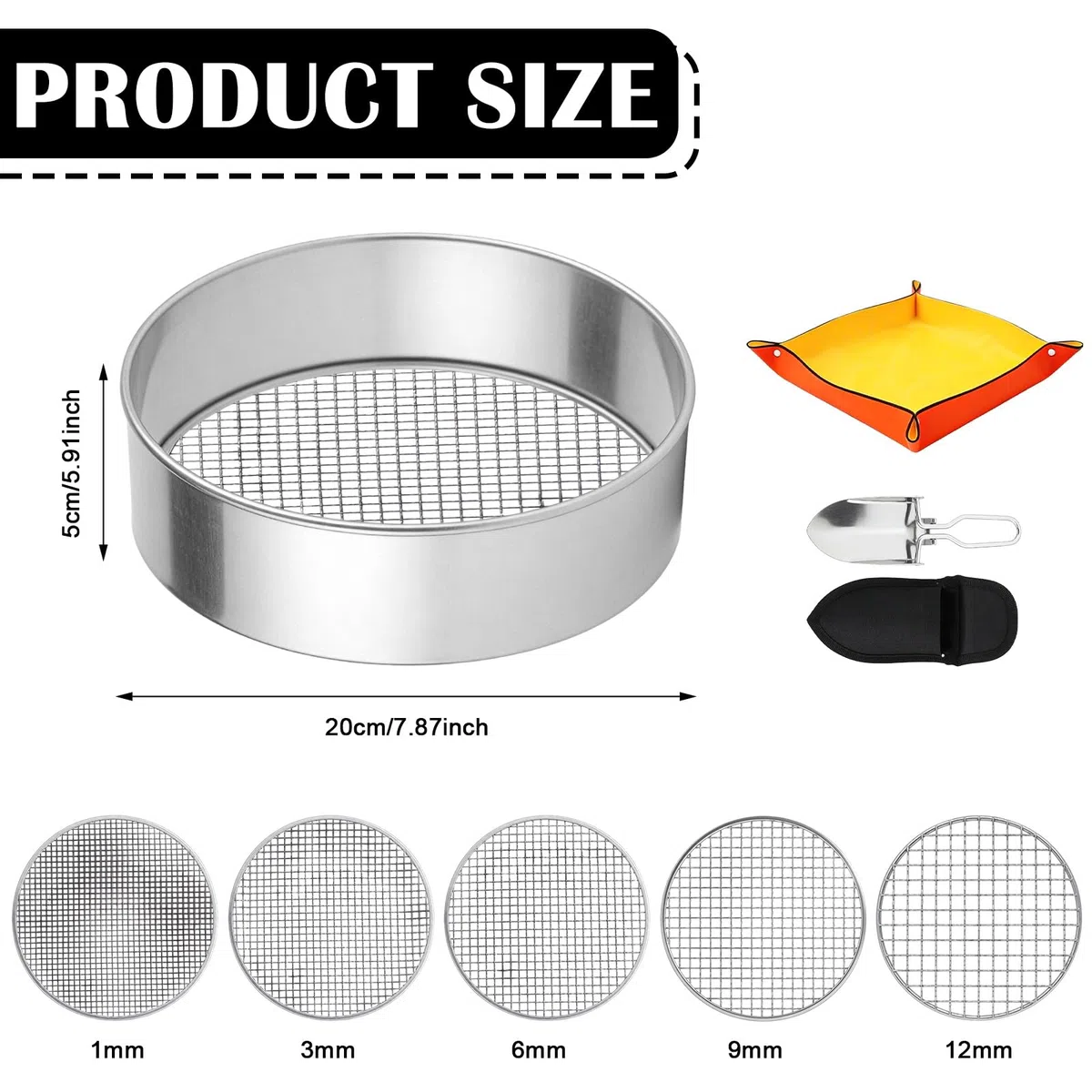 Colino da giardino rotondo 5 in 1 in acciaio inox, colino per compost multiuso, rotondo, per giardinaggio, 5 inserti intercambiabili (1/3/6/9/12 mm), con paletta in acciaio inox e tappetino giallo