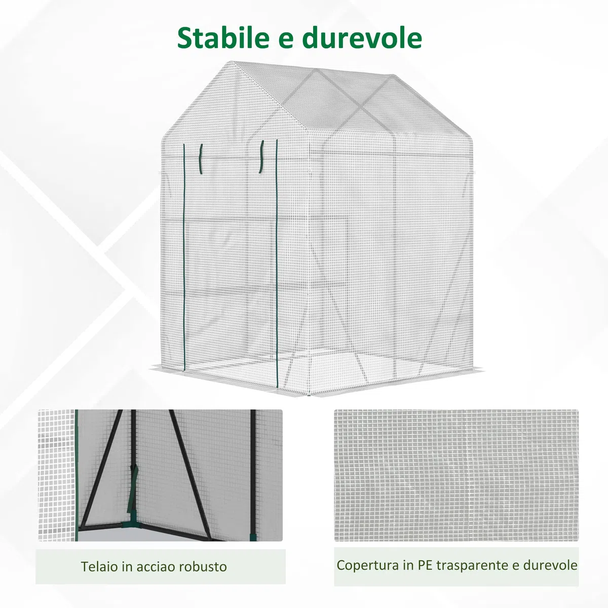 Outsunny Serra da Giardino in Acciaio e Copertura PE, Serra da Balcone per Piante con 2 Scaffali e Porta Avvolgibile, 143x143x195cm, Bianco