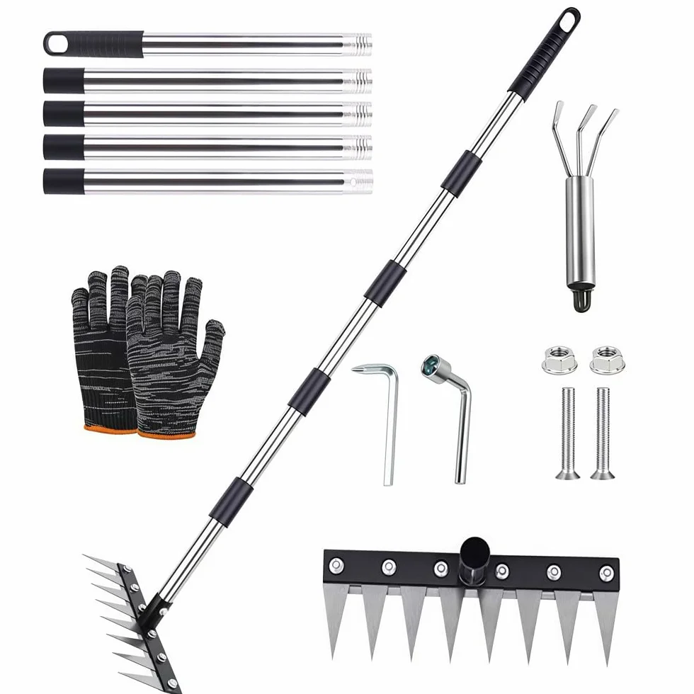 Trinciatore per erbacce con manico lungo 185 cm, utensile multiuso da giardino, rastrello per erbacce in acciaio inox con 8 denti, rastrello da giardino, zappa per erbacce