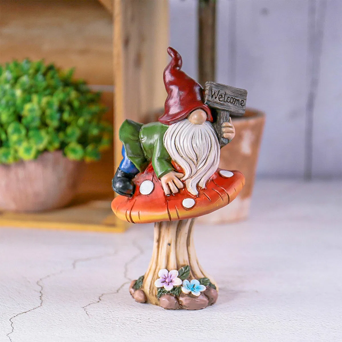 Statuetta decorativa a forma di nano da giardino su fungo in resina – Simpatico cartello di benvenuto per casa e giardino, 10,5 x 8 x 17,5 cm, decorazione perfetta per gli amanti dei nani