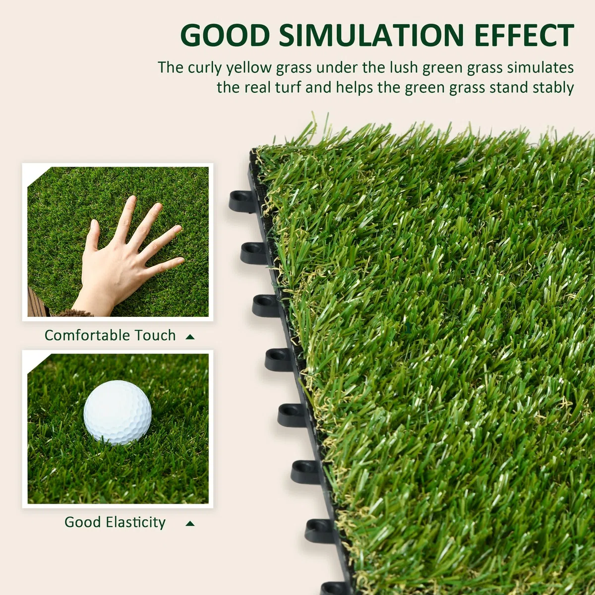 Outsunny Tappeto erboso sintetico artificiale Set di 10 piastrelle 30 x 30 cm spessore comfort 3 cm ad incastro verde