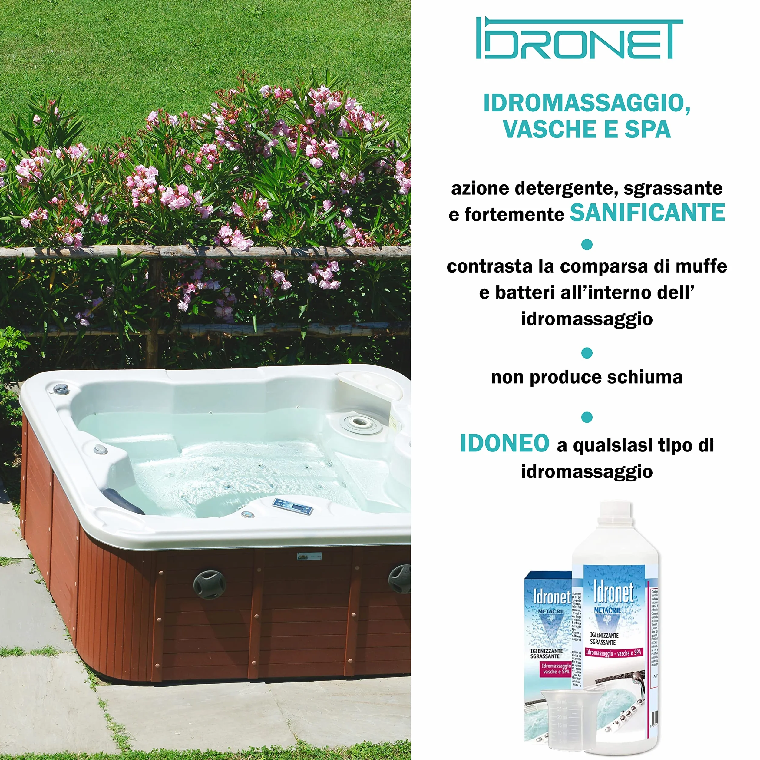Metacril Idronet 3 LT Sanificante Specifico Universale per Vasca Idromassaggio Spa + Bicchierino Dosatore Graduato - Non Schiumogeno Ad Azione Igienizzante, Sgrassante e Anti Muffa.