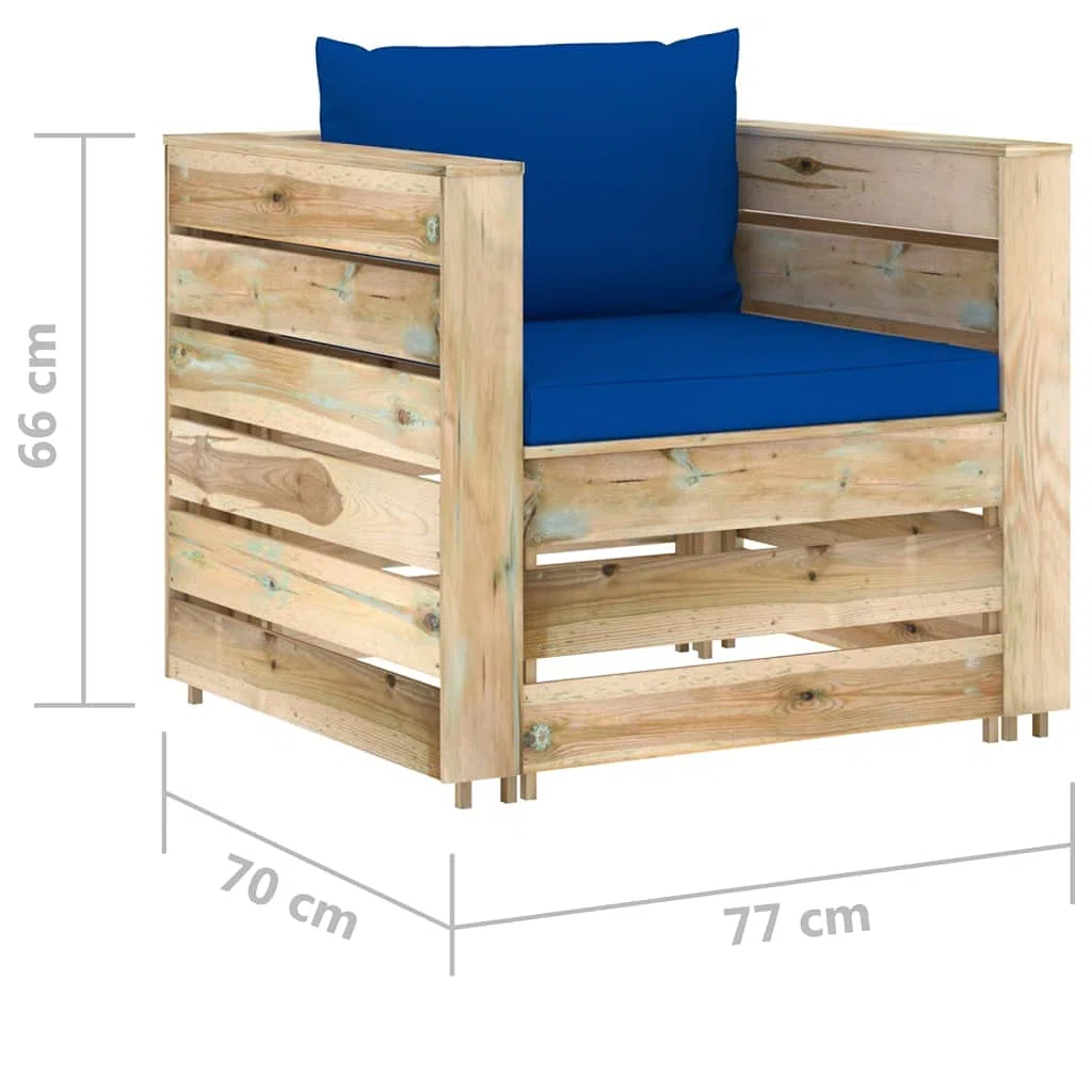 Set Salotto da Giardino 2 Pz in Legno Pino con Cuscini Blu | Design modulare a pallet in pino con spessi cuscini blu per relax in terrazzo, patio e portico esterno.