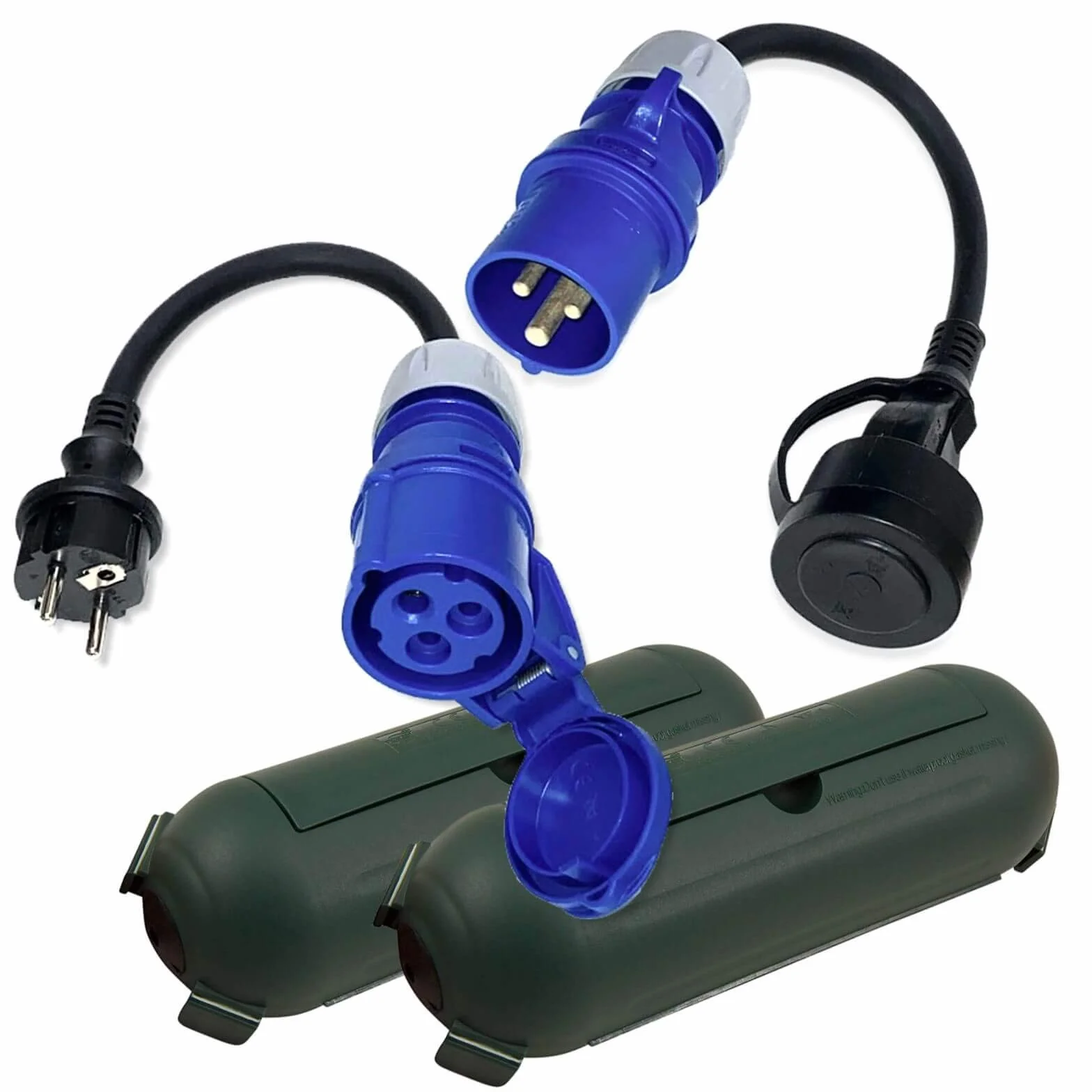Adattatore CEE presa scatola protezione set 30cm verde schuko - per campeggio barca camper caravan - cavo H07RN-F 3 x 2,5 mm² 230 V 16 A IP44 - accessori per camper, adattatore campeggio
