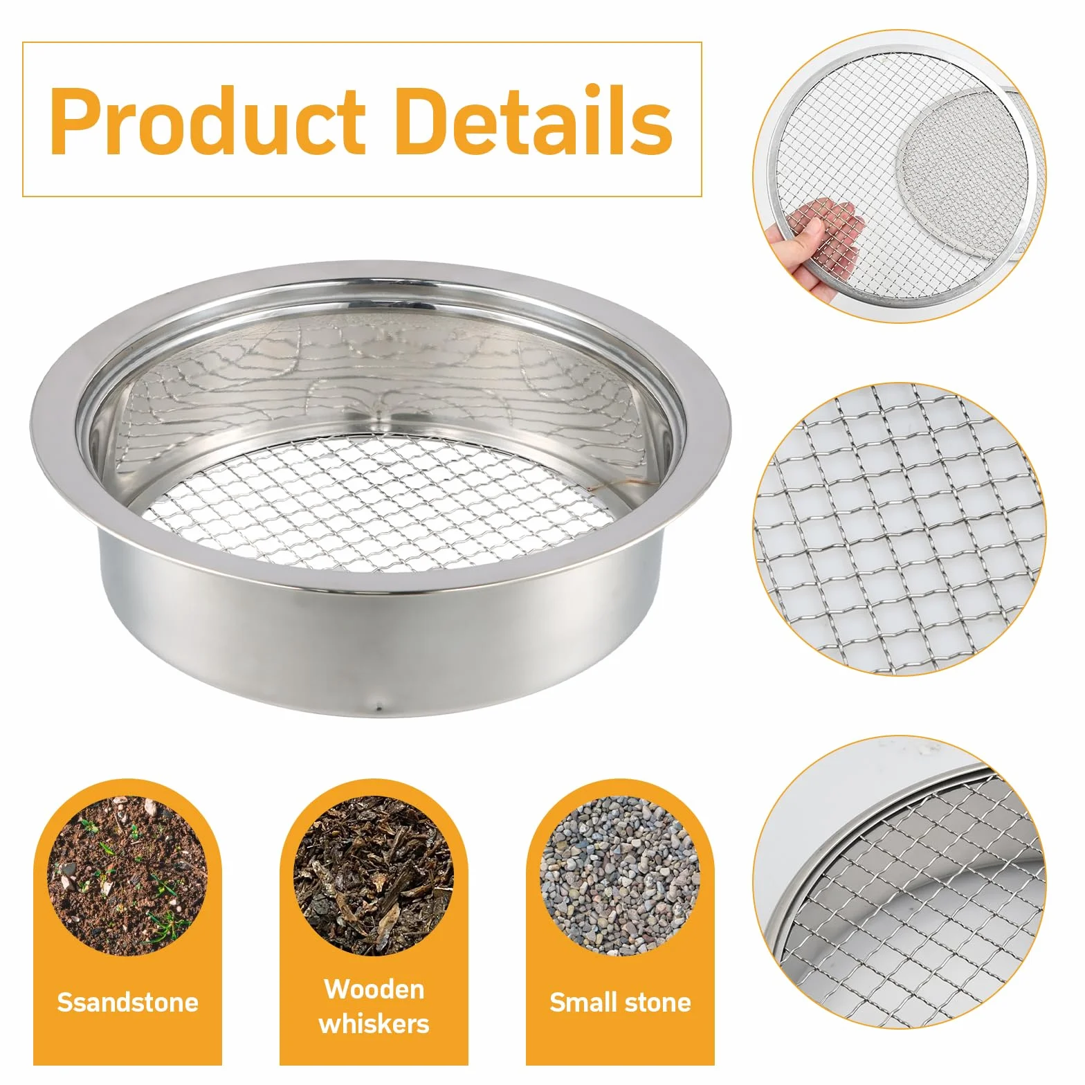 Setaccio Giardino, Colino da giardino in acciaio inox, Setaccio da giardino 3 in 1 in acciaio inox, con 3 Inserti Intercambiabili 3mm 6 mm 9 mm Setaccio Rotondo in Acciaio Inox, Setaccio per Compost